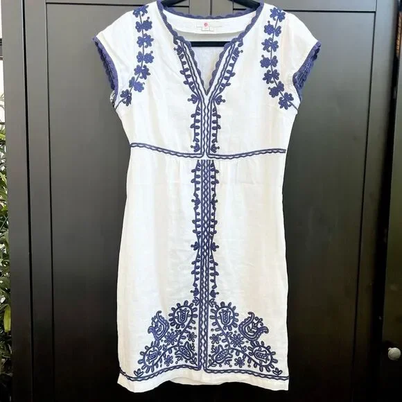 Boden Bea Linen Embroidered Dress - Cabin Blue Ticking Stripe Size US 2 (2R) - Picture 9 of 16